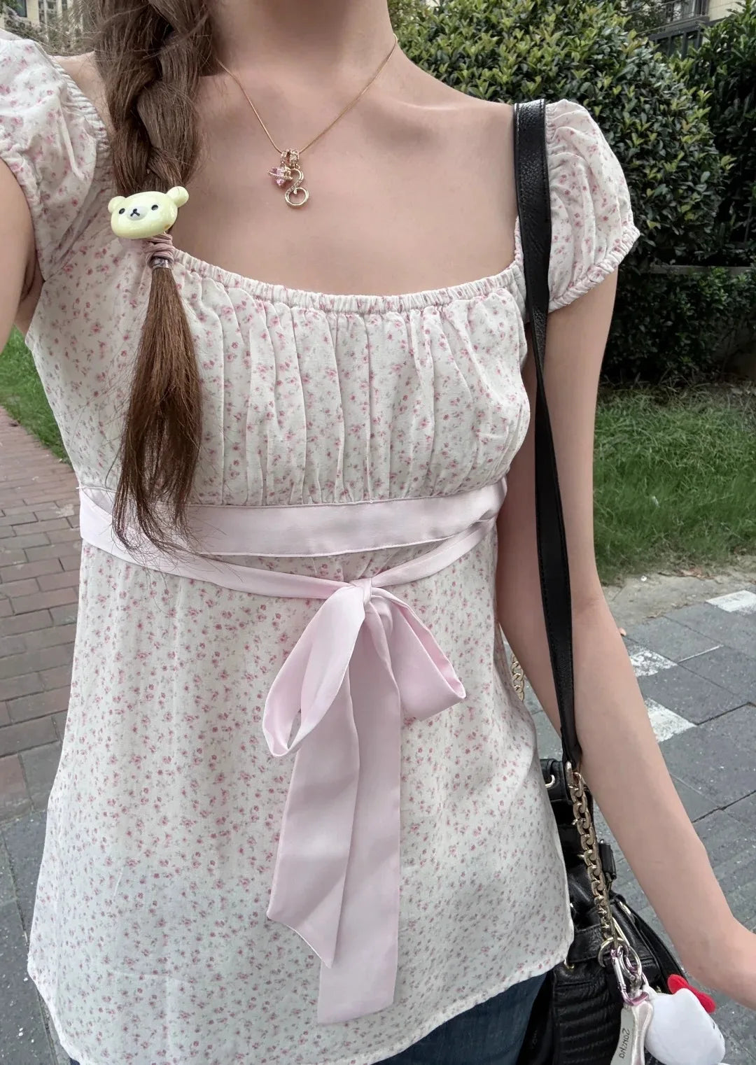 Pink Floral Lace-up T-shirts Women Summer New Casual Slim Square Collar Puffle Tee Tops Female Preppy Style Y2K Sweet Tshirt Top