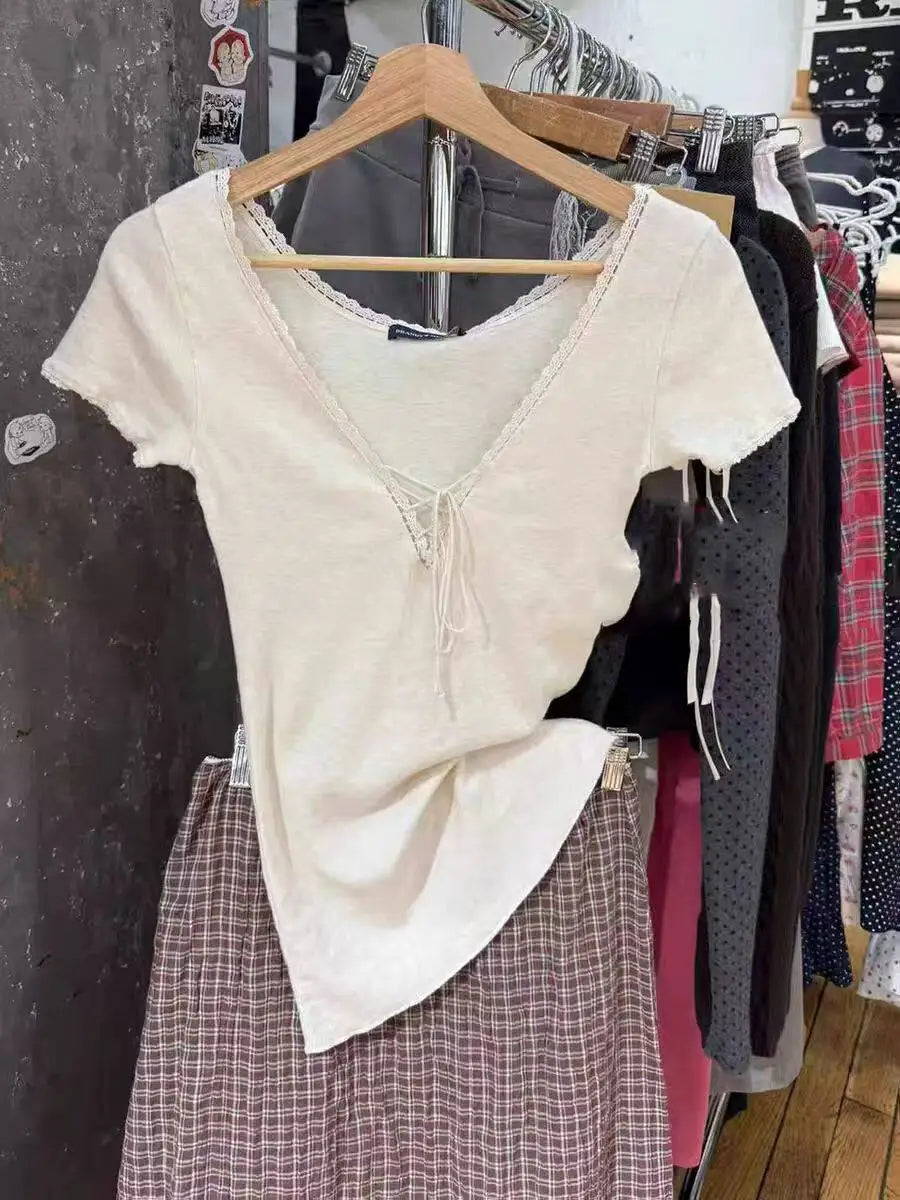 Lace Trim Slim T-shirts Women Summer Streetwear Cotton Lace-up V-neck Short Sleeve Tees Female Sweet Simple Chic Tshirts Y2K