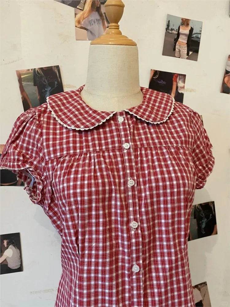 Sweet Peter Pan Collar Blouse Women Casual Streetwear Buttons Short Sleeve Tees Cute Preppy Style Chic T-shirts Y2K Blouses