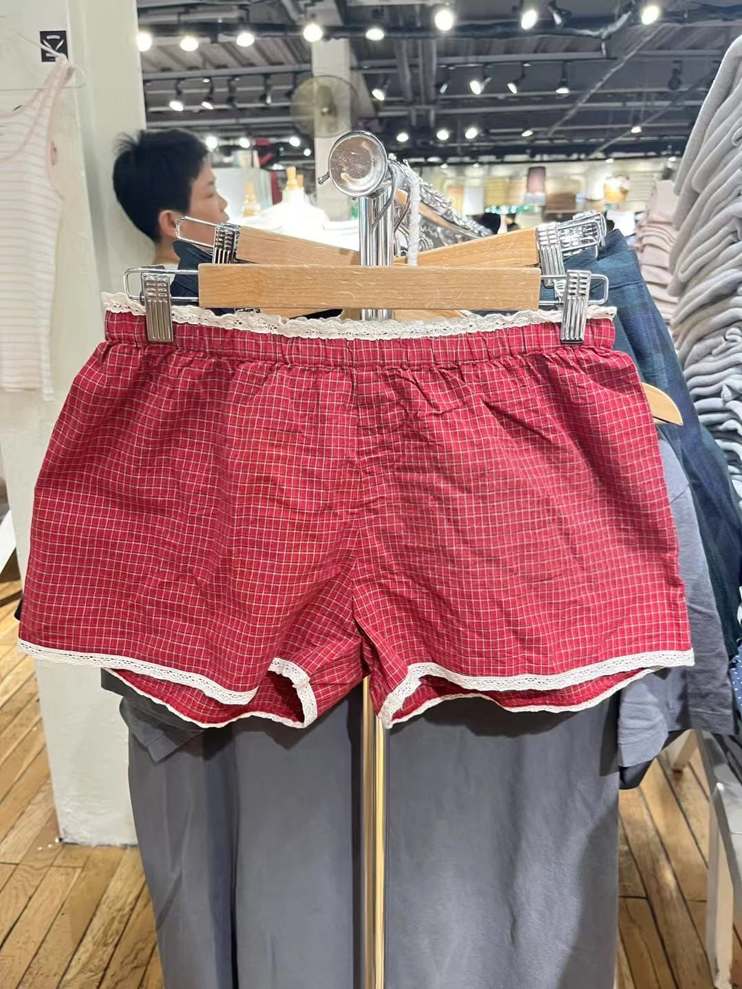 Red Plaid Lace Trim Tank Shorts Sets Women Back Lace-up Slim Camisole+Loose Sweatshorts Cute Sweet Cotton Home 2 Piece Outfits
