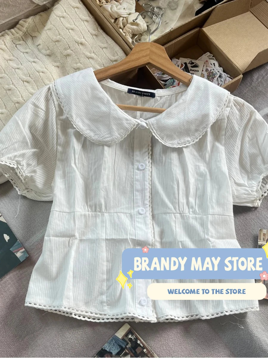 Sweet Pockets White Textured Blouse Women Turndown Collar Single Breasted Short Sleeve Shirts Tops Vintage Sweet Y2K Blouses New