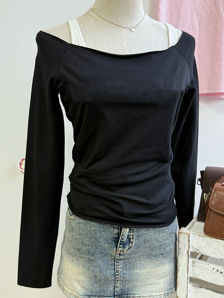 Red Slim Long Sleeve Tee Women Spring Simple Basic Slash Neck Casual Raw Hem Cotton Tops Female Vintage Chic Red Y2K T-shirts