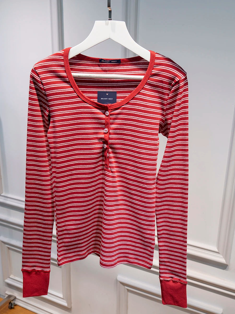 Zelly Tops Navy Striped Buttons Long Sleeve Tees Women Casual Chic Cotton T-shirt Cute Preppy Style Slim Tshirt