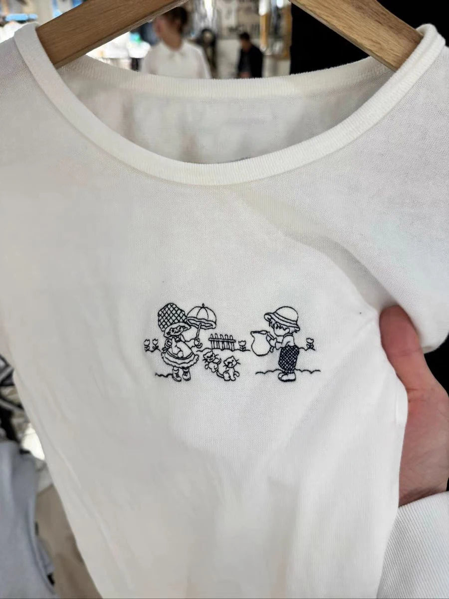 Girls and Cats Embroidery Slim T-shirt Women Summer Cotton Round Neck Short Sleeve Tees Sweet Preppy Style Cute Top Y2k T shirts