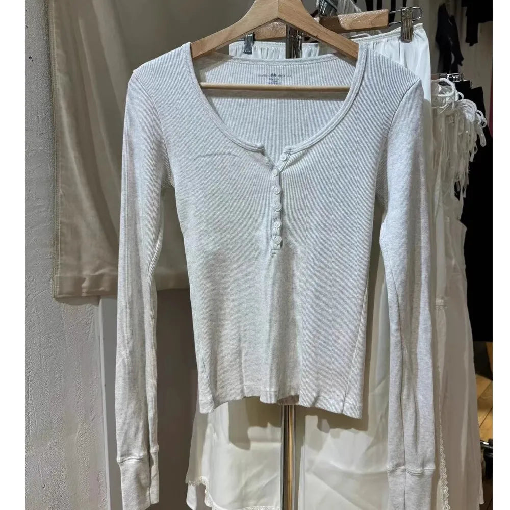 Sweet Blue Ribbed Buttons T-shirt Women Buttons O-Neck Cotton Slim Long Sleeve Tee Cute Vintage Preppy Style T Shirt Y2K Top New