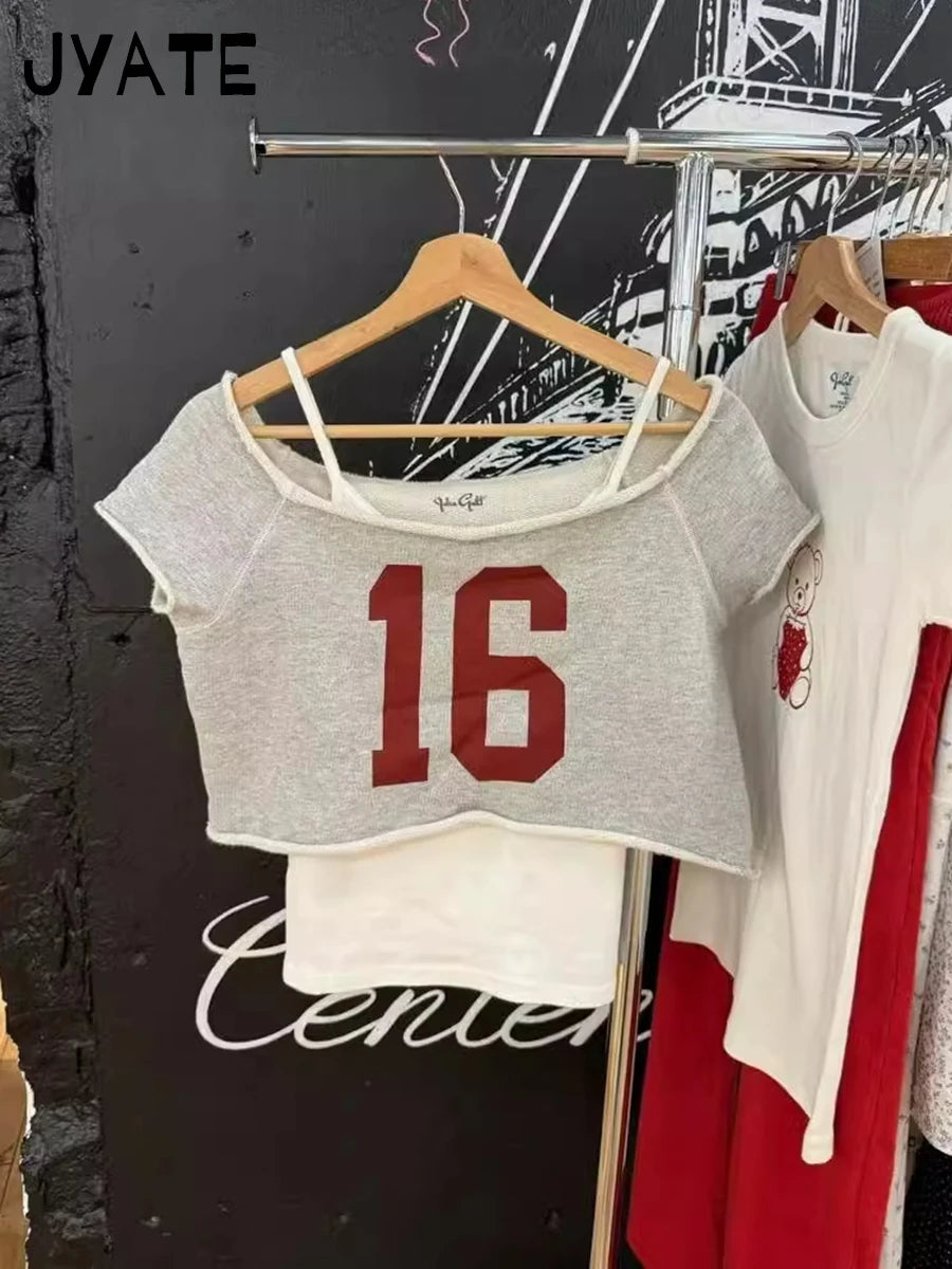 Fashion NO 16 Print Crop Tops Women Summer New Cotton Soft Raw Hem Slash Neck Short Sleeve Tees Sweet Preppy Style T-shirts Y2K