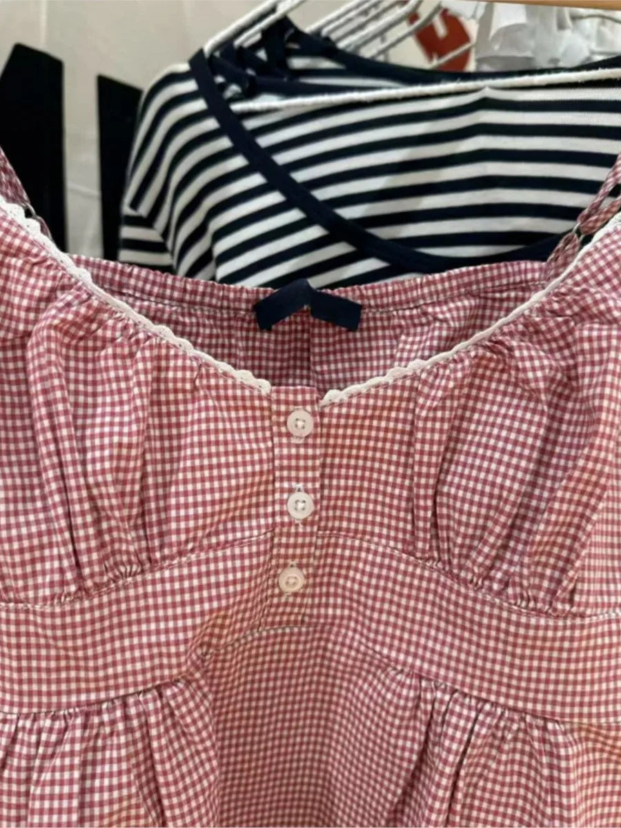 Pink Plaid Back Lace-up Camisole Summer Women New Sexy Cotton Button Lace Trim Slim Tank Tops Vintage Sweet Chic Vests Y2K OOTD