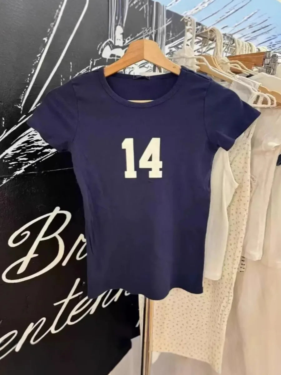 NO.14 Print Slim Navy T-shirts Women New Cotton Casual O-neck Short Sleeve Tees Girl American Vintage Streetwear Tshirt Y2K Tops