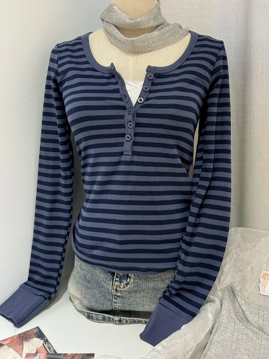Zelly Tops Navy Striped Buttons Long Sleeve Tees Women Casual Chic Cotton T-shirt Cute Preppy Style Slim Tshirt
