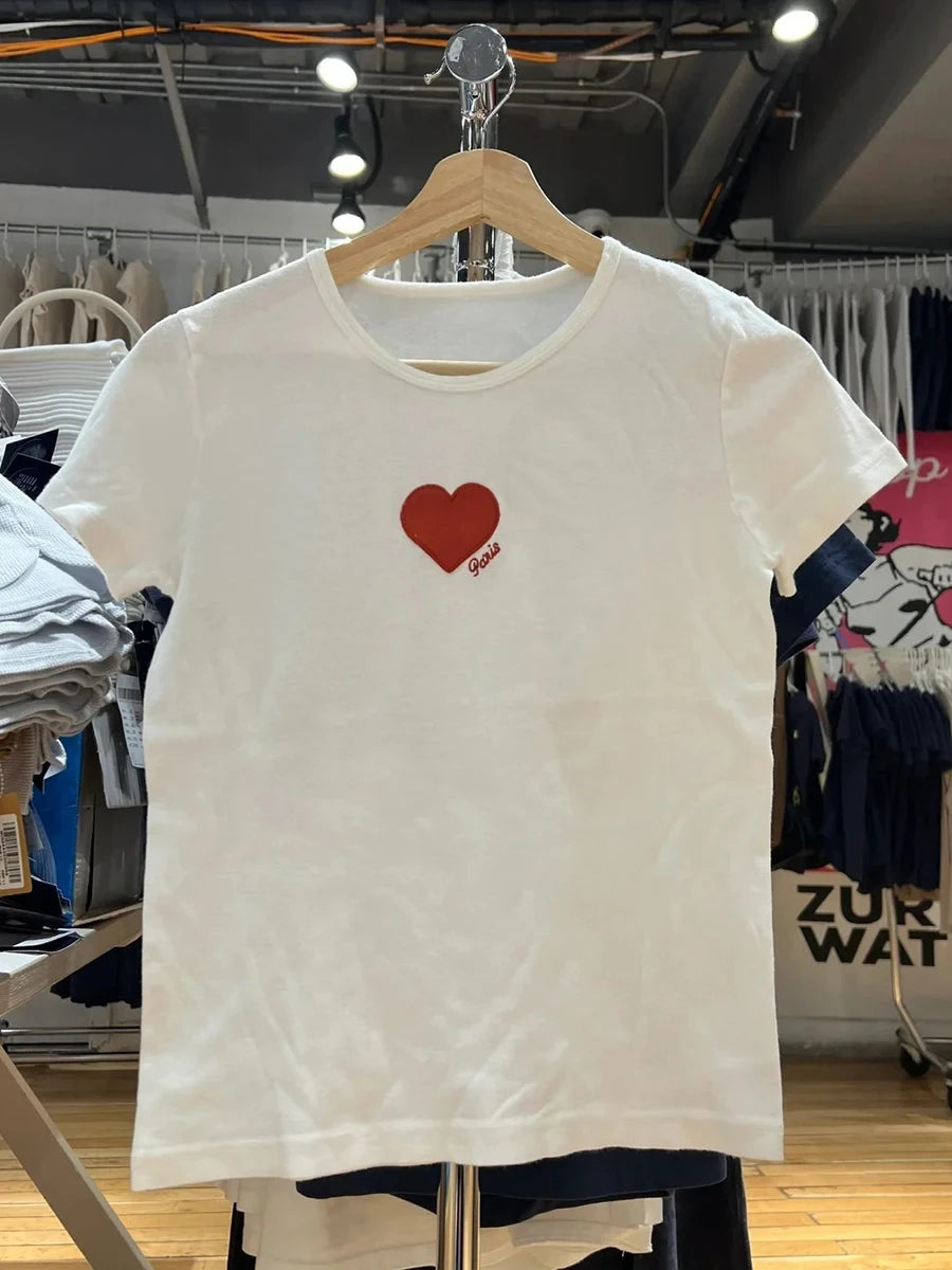 Red Heart Embroidery T-shirts Women Summer Cotton O-neck Casual Preppy Style Short Sleeve Tees Vintage Cute Sweet  Tops Y2K