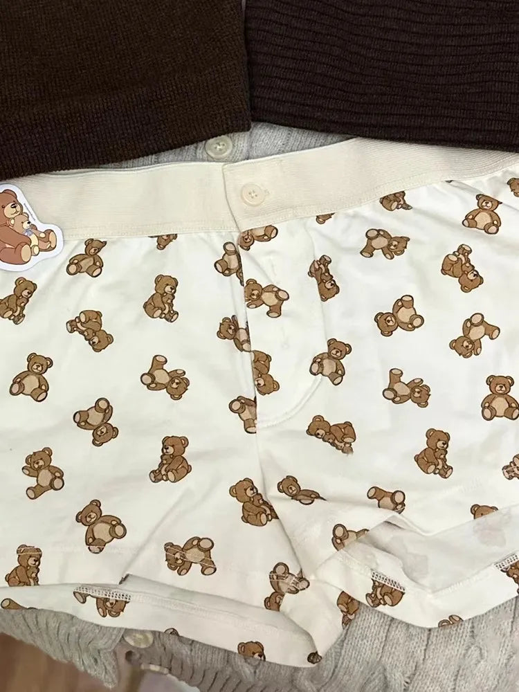 White V Neck T-shirts+little Bear Print Shorts Two Piece Set Cute Home 2 Piece Sets Women Outfit Vintage Cotton Slim Short Sets
