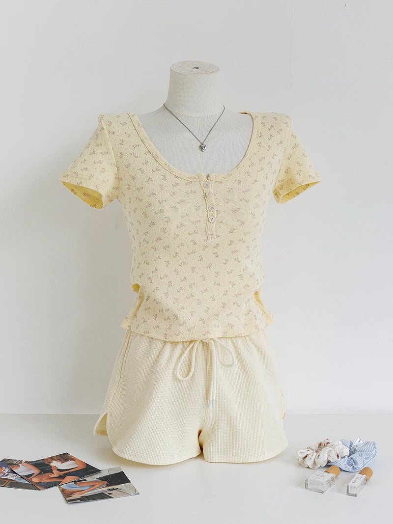 Floral Yellow Home Pajama Sets Women Summer Eyelet Tees Waffle Straight Short Pant Sweet T-shirt Shorts Sweet 2 Pieces Outfits