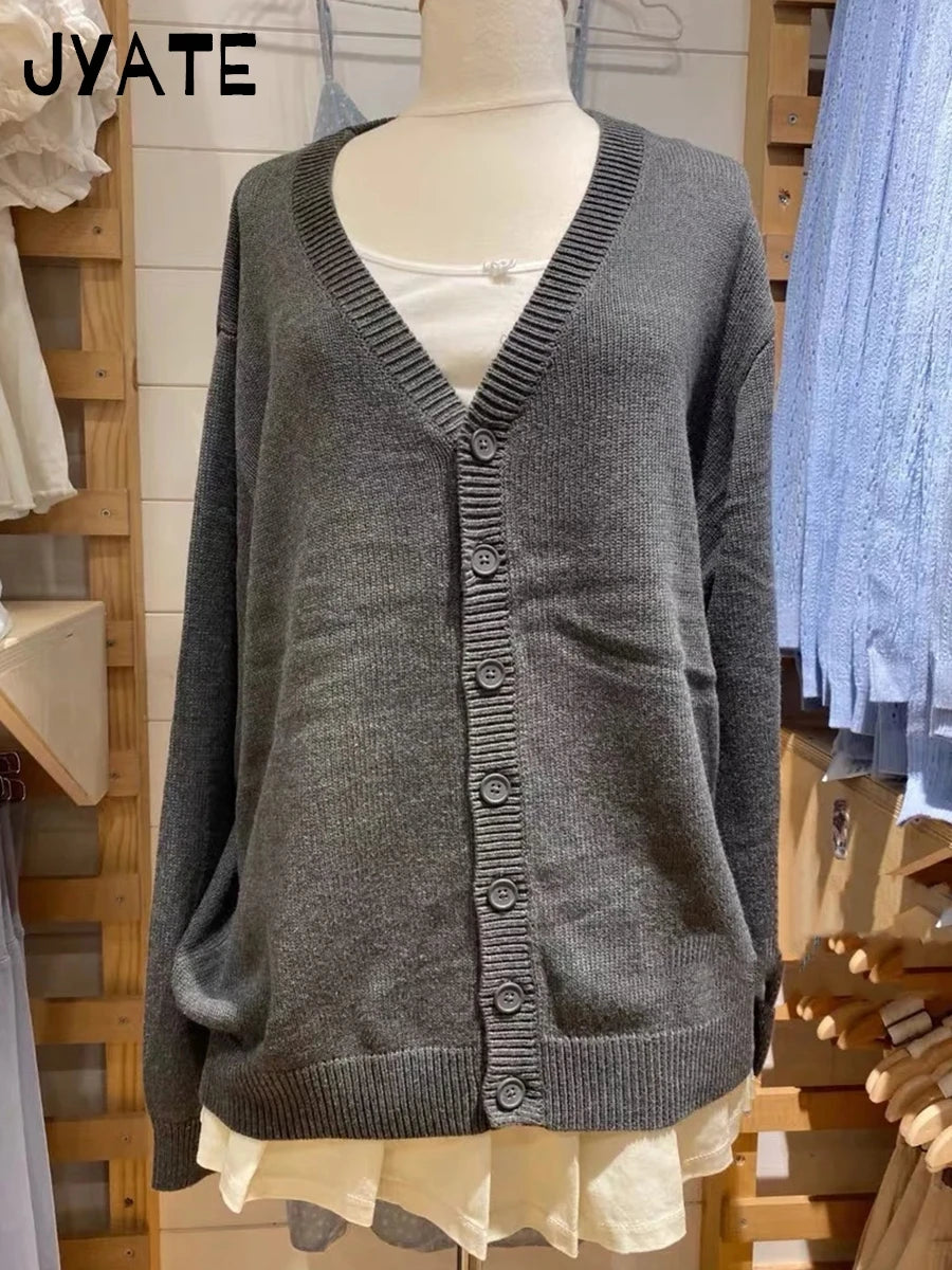 Solid Simple V-neck Buttons Cardigan Women Autumn Cotton Warm Knitted Basic Casual Jumper Tops Vintage Chic Sweet Y2K Sweater