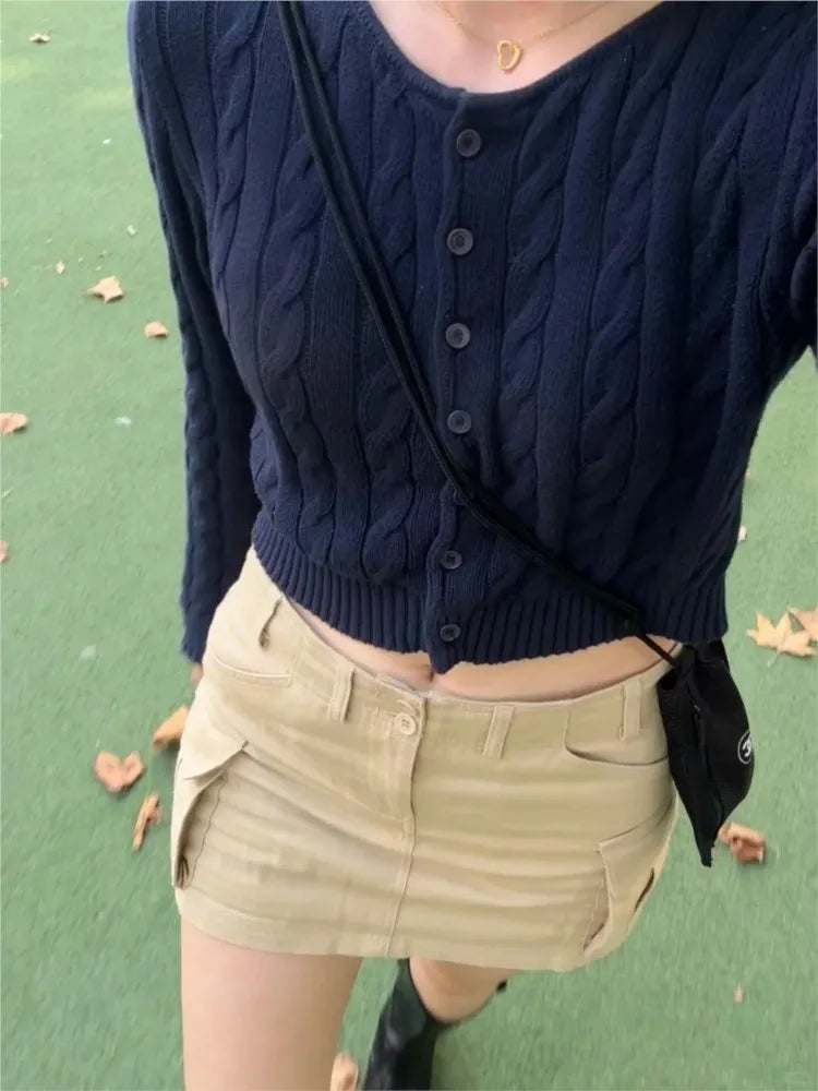 Vintage Navy O-neck Knit Cardigan Women Autumn New Cotton Casual Streetwear Slim Cropped Sweaters Simple Sweet Y2K Jumper Tops