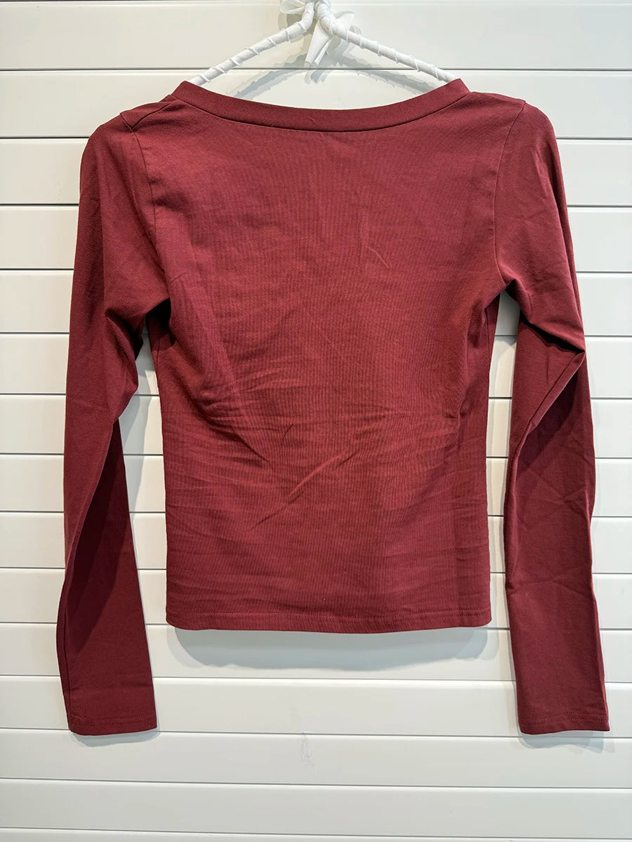 Red V-neck Slim T-shirts Women Autumn Streetwear Casual Sexy Cotton Long Sleeve Tees Sweet Chic Preppy Style T Shirt Y2K Top