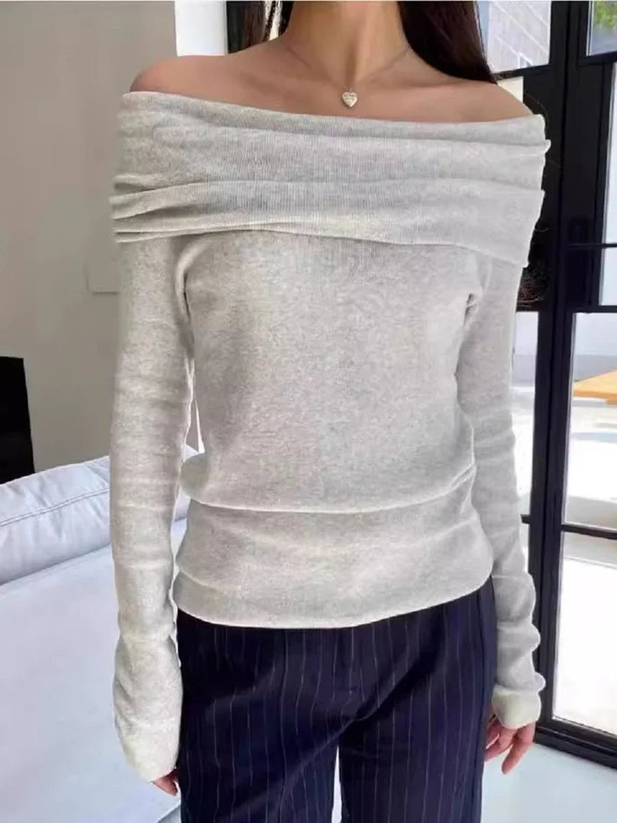 Gray Simple Knitted Long Sleeve T-shirts Women Autumn Soft Cotton Sexy Slash Neck Slim Tees Sweet Streetwear Sweet Tshirts Y2K