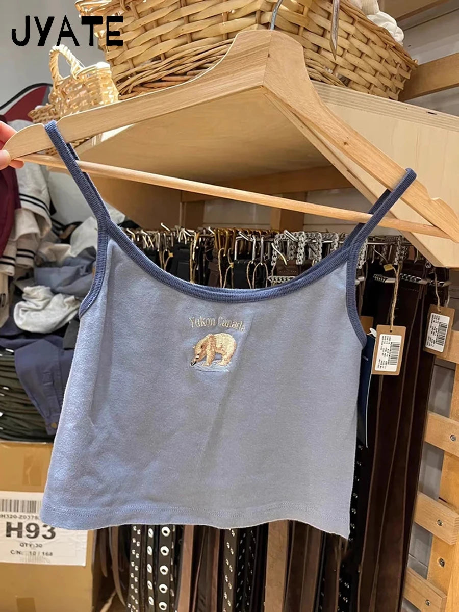Little Bear Embroidery Blue Patchwork Camisole Women New Preppy Style Casual Slim Sleeveless Vests Vintage Sweet Cute Tank Tops