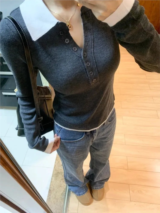 Gray Buttons Knitted Tops Women Summer New Cotton Casual Patchwork Turn-down Collar Tees Female Sweet Preppy Style T-shirts Y2K