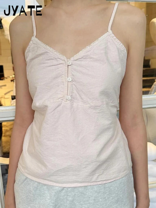 Pink Striped Buttons Tank Tops Women New Casual V-neck Lace Trim Preppy Style Sleeveless Vests Sweet Cute Vintage Camisole Y2K