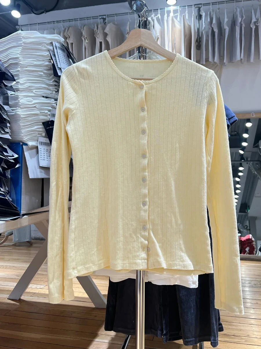Sweet Pink Eyelet Slim T-shirt Women New O-neck Single Breasted Cotton Soft Long Sleeve Tee Shirts Cute Preppy Style Basic Tops