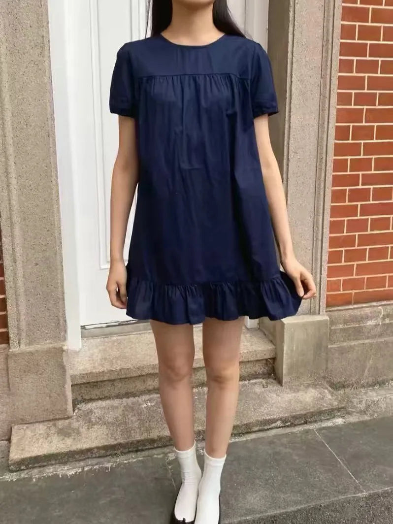 Vintage Navy Puff Sleeve Dress Women Streetwear Simple Ruffled Hem Cotton Dresses Y2K Clothes Sweet Cute Preppy Style Vestidos