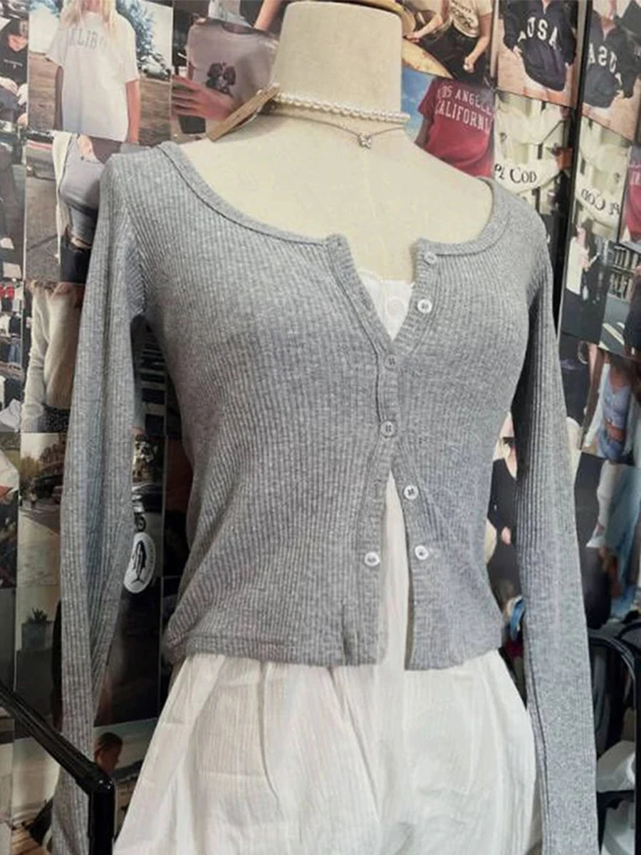 Harajuku Slim Ribbed White Crop Tops Women Button Casual Simple Basic O-neck Long Sleeve Tee Female Sweet Cute Y2K Chic T-shirts
