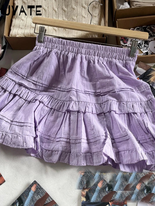 Purple Ruffle Cotton Mini Skirt Women Summer Casual Streetwear High Waist A-line Short Faldas Sweet Vintage Cute Y2K Skirts New