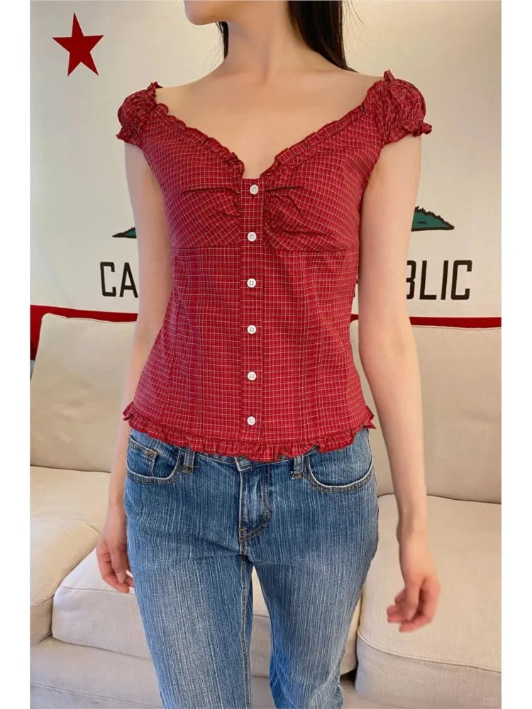 Vintage Red Plaid Folds Blouse Top Women Casual Single Breasted Ruffle Sleeveless Tank Tops Vest Sweet Preppy Style Camisole Y2K