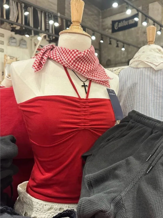Red Drawstring Folds Strapless Tank Tops Women Casual Simple Cotton Slim All-match Vest Sweet Chic Preppy Style Camisole Y2K