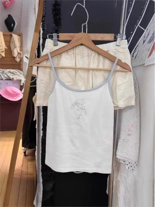 Sweet Girl Print Patchwork Camisole Women New Cotton Soft Casual Slim Sleeveless Cropped Vests Sweet Cute Preppy Style Tank Tops