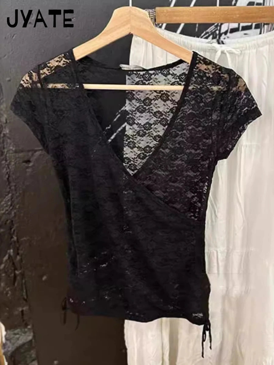 Harajuku Jacquard Transparent Crop Tops Women Summer Bow Lace Mesh V Neck Lace -up Short Sleeve Tee Sweet Slim Thin T-shirts Y2K