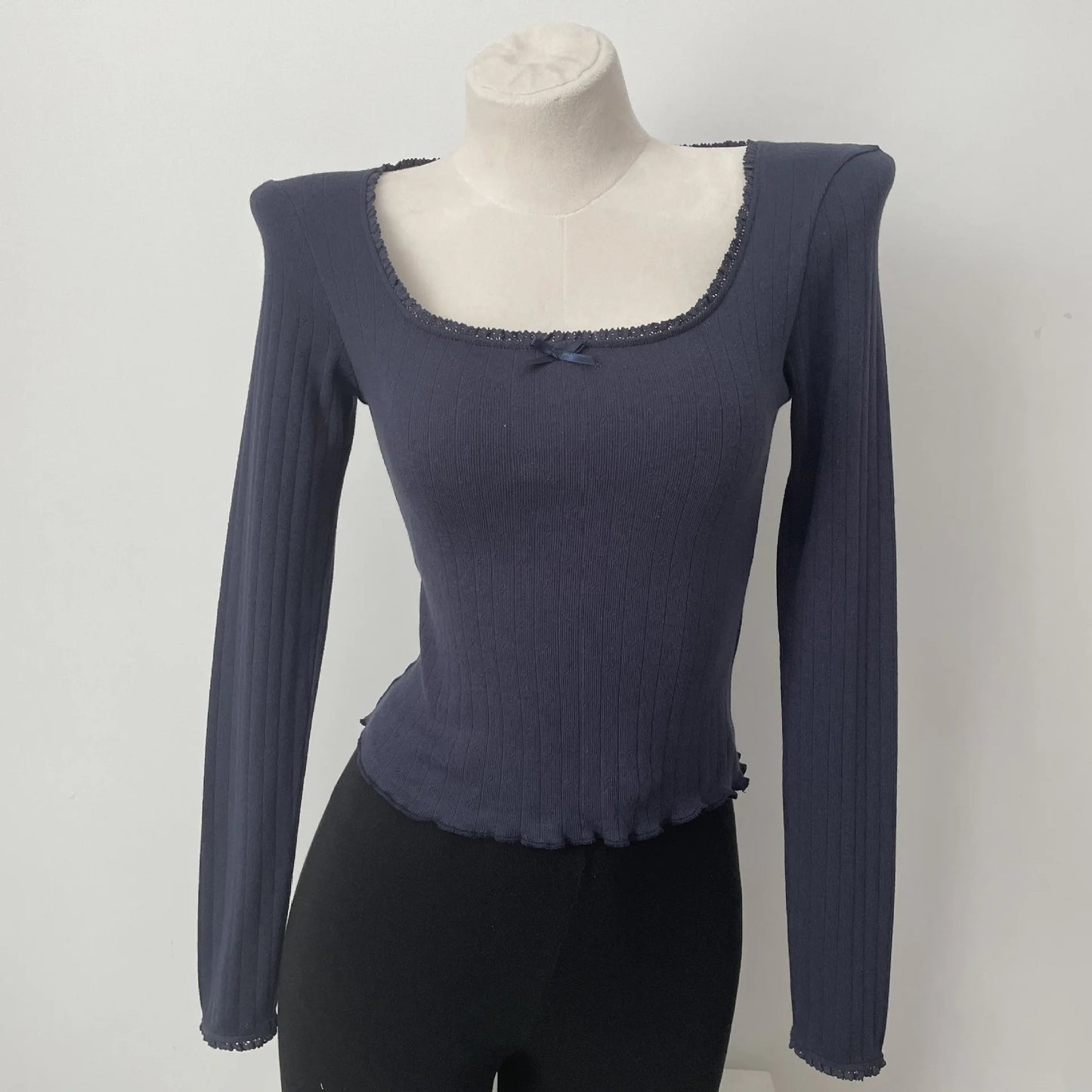 Solid Hollow Out Cotton Soft T-shirts Spring Bow Lace Trim Square Neck Long Sleeve Tee Slim Chic Sweet Vintage Cute Crop Tops