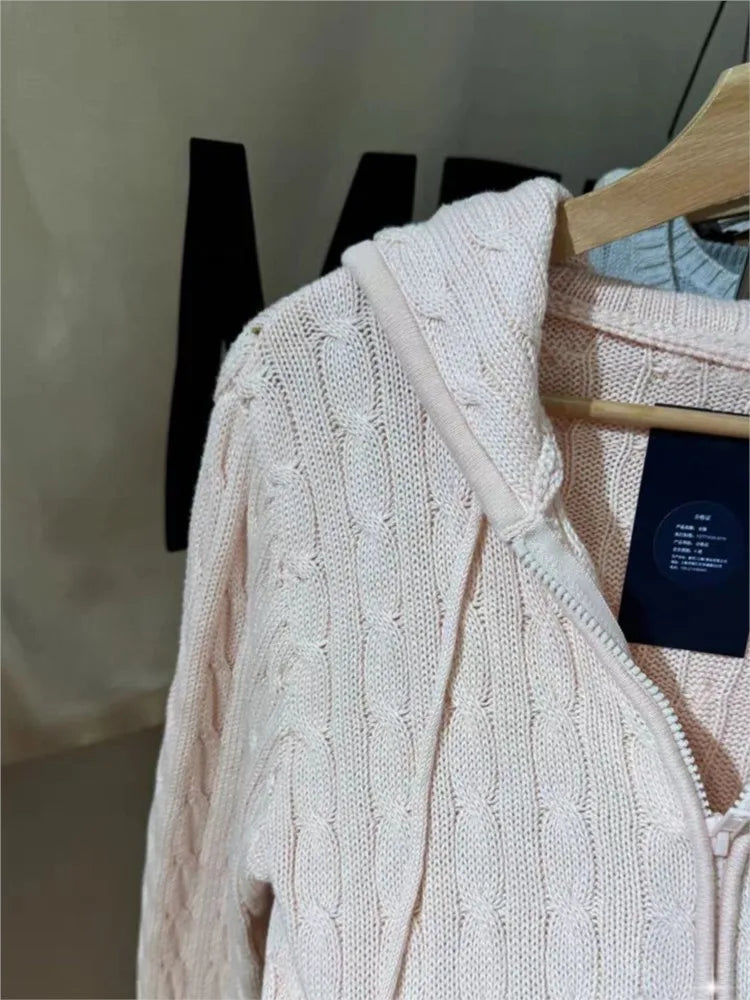 Sweet Twisted Flower Knitted Cardigan Sweater Women Long Sleeve Drawstring Hooded Zipper Streetwear Cute Sweaters Coat Y2K Tops