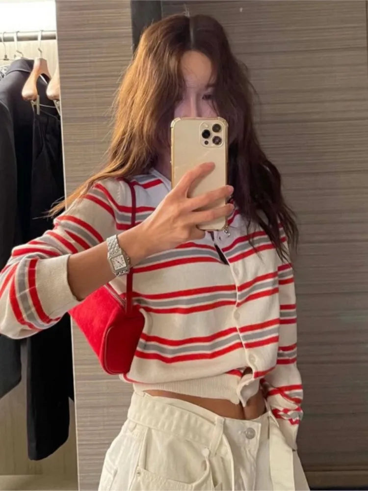 Classic Striped Knitted Cardigan Women's Autumn Round Neck Cotton Soft Design Button Sweater Vintage Sweet Preppy Style Sweaters