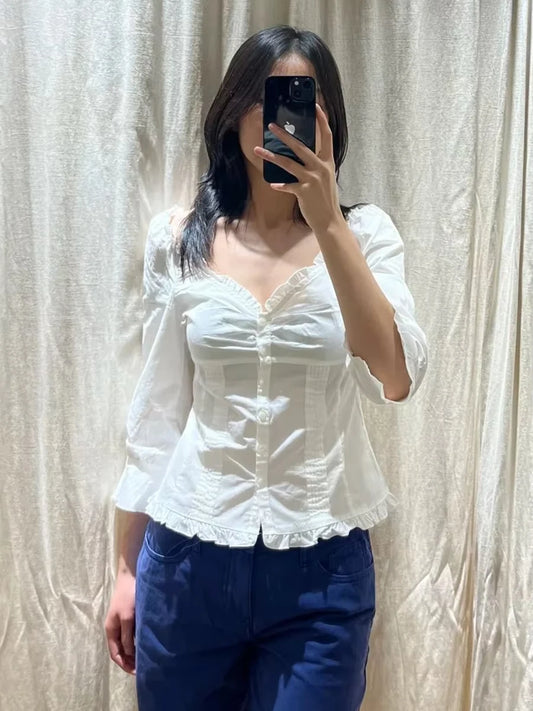 Sweet White Ruffles Button T-Shirt Blouse Women Summer Sexy V-neck Lace Trim Single Breasted  Half Sleeve Tees Simple T-shirts