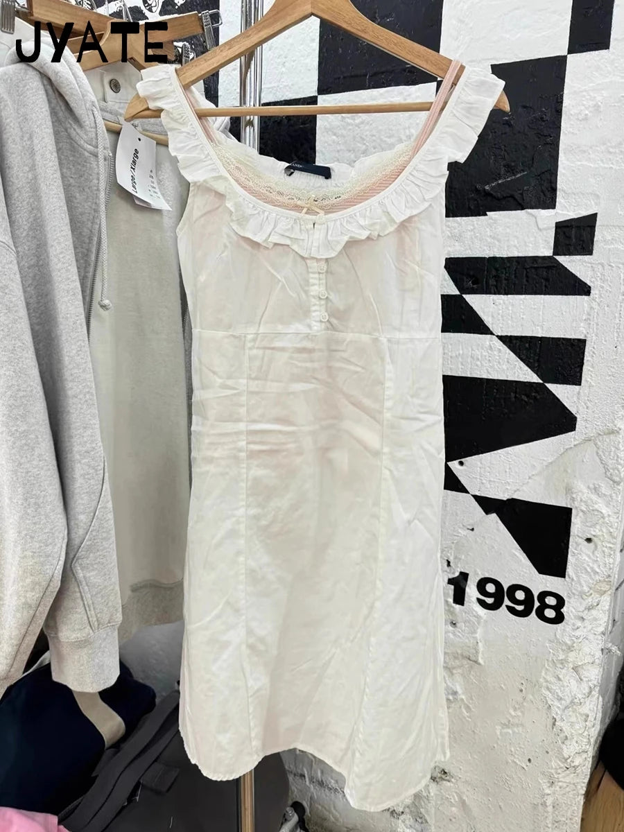 White Ruffled Neck Buttons Mini Dresses Women Summer New Back Lace-up Sleeveless Short Vestidos Sweet Preppy Style Chic Dresses