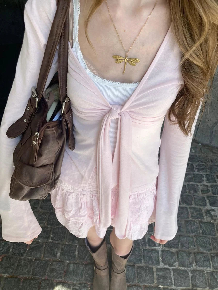 Tie-Strap Design Bowknot Long Sleeve T-Shirt Women's Spring Sexy Slim Fit Thin Smock Tees Casual Sweet Chic Tshirt Babydoll Top