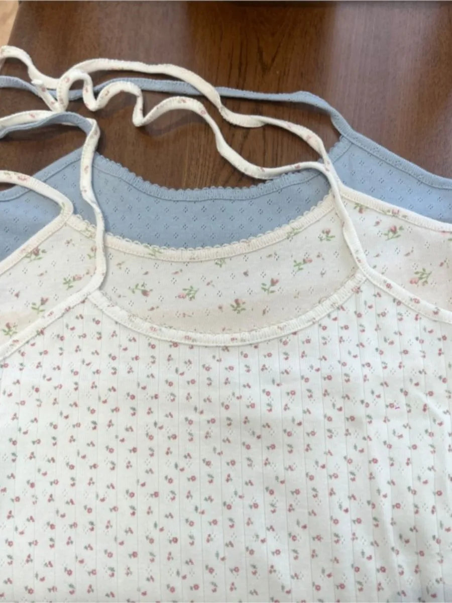 Floral Eyelet V-neck Halter Tank Tops Women Summer New Casual Sexy V-neck Slim Camisole Female Sweet Preppy Style Cute Crop Top