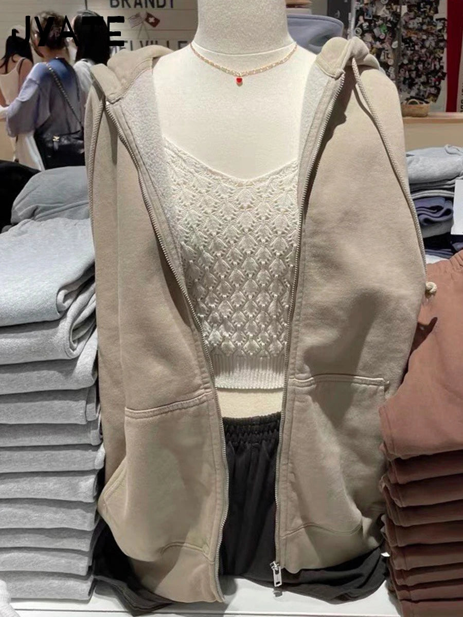 Vintage Solid Cotton Zipper Hooded Sweatshirts Women Pockets Drawstring Basic Loose Hoodie Tops Casual Simple Chic Hoodies Coat