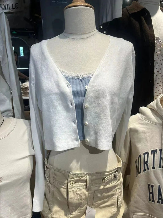 Sweet White Knit Cropped Long Sleeve T-shirt Women V-Neck Single Breasted Cotton Short Cardigan Casual Street Chic Crop Top Y2K