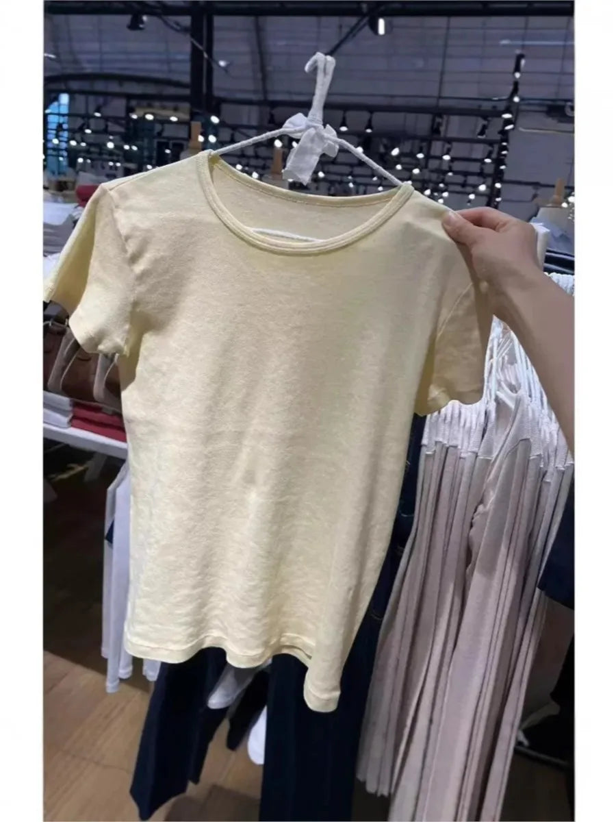 Light Yellow Basic Slim T-shirt Women Casual Basic O-neck Short Sleeve Cotton Tee Tops Sweet Cute Simple All-match Tshirt Top