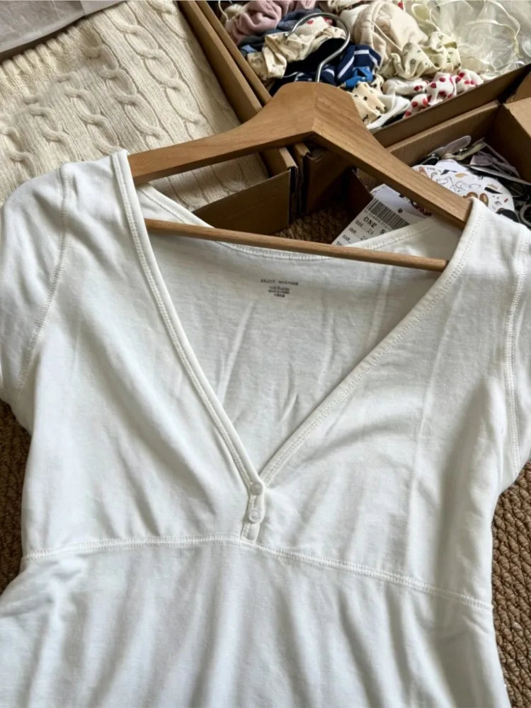 White V-neck Buttons T-shirts Women Simple All-match Casual Cotton Slim Short Sleeve Tee Sweet Cute Preppy Style Tshirt Y2K Tops