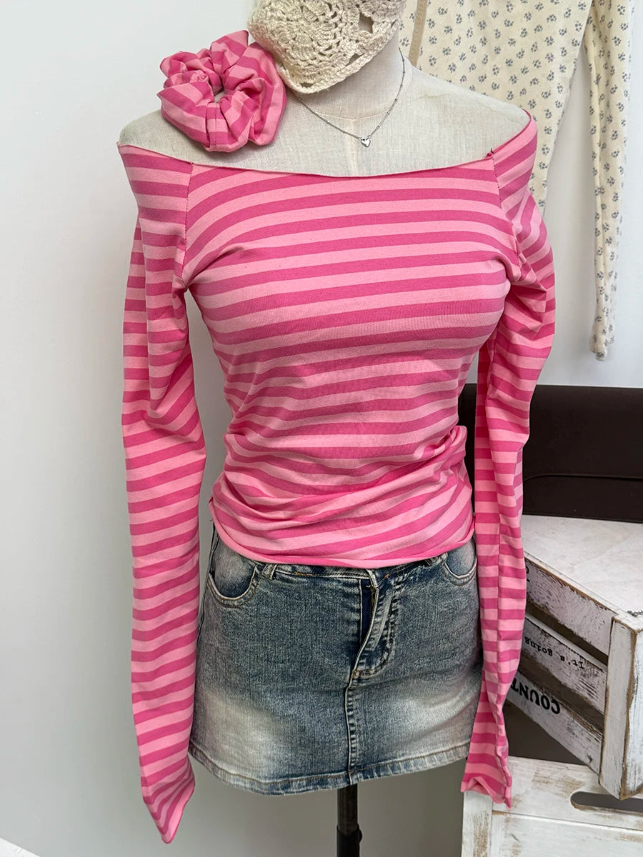 Rose Pink Striped Raw Hem Long Sleeve Tees Women Autumn New Casual Cotton Slim Scoop Neck Crop Tops Sweet Vintage Cute T-shirts