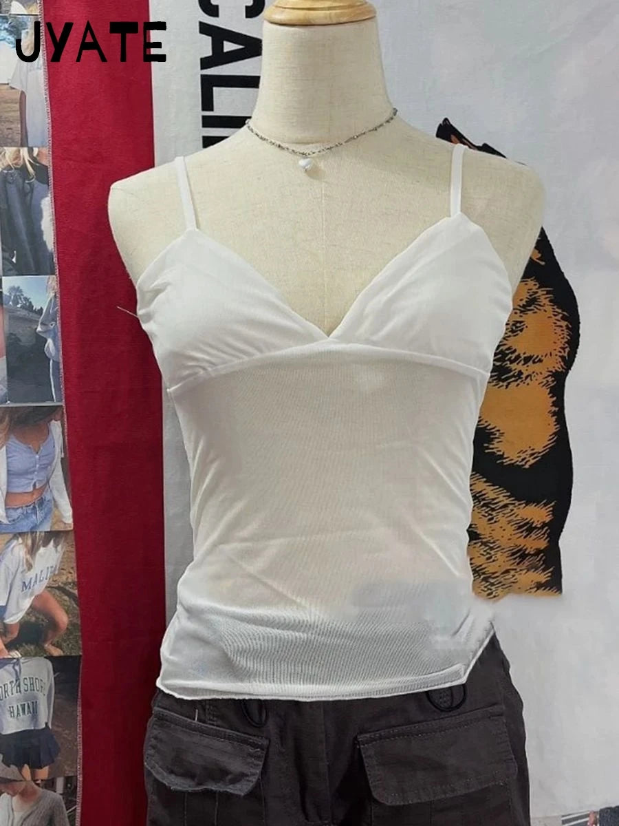 Harajuku Sexy Mesh Sheer Ruffle Tank Tops Women Summer Casual Lace-up Folds Shoulder Straps Vest Vintage Sweet Chic Camisole Y2K