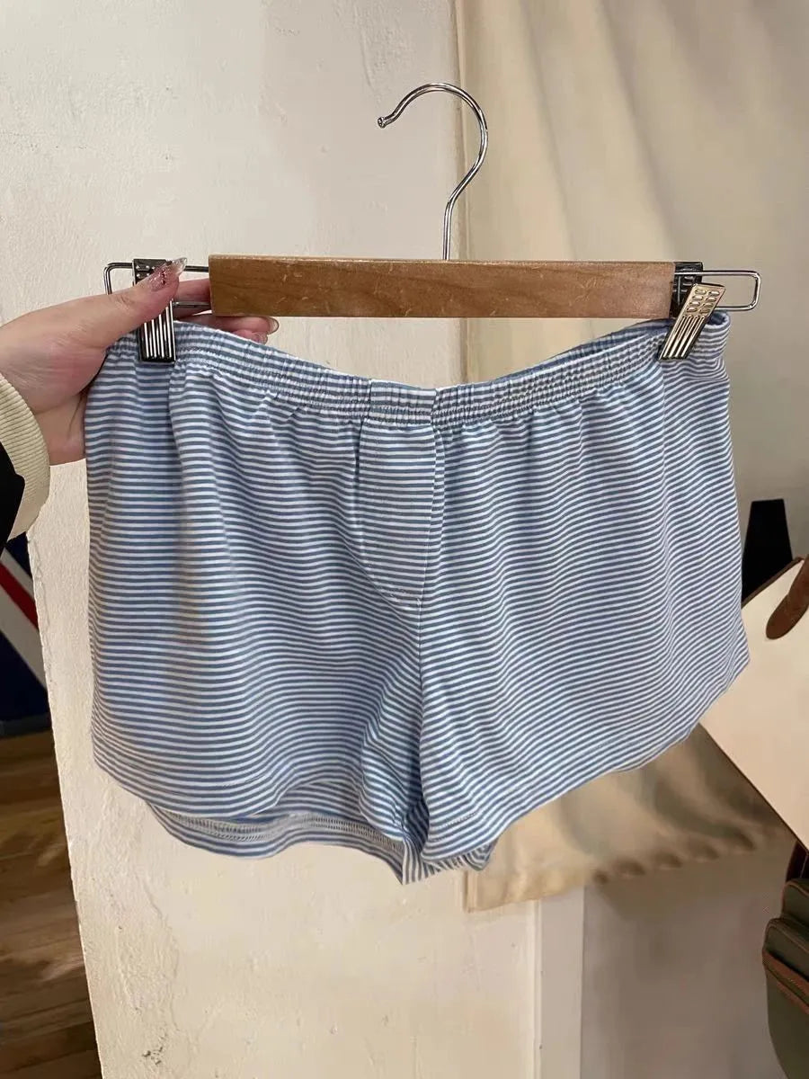 Cute Blue Striped Bra Shorts Set Women V-neck Slim Bras with Straight Sweatshorts Sweet Cute Cotton Home Pajama 2 Piece Sets Y2K