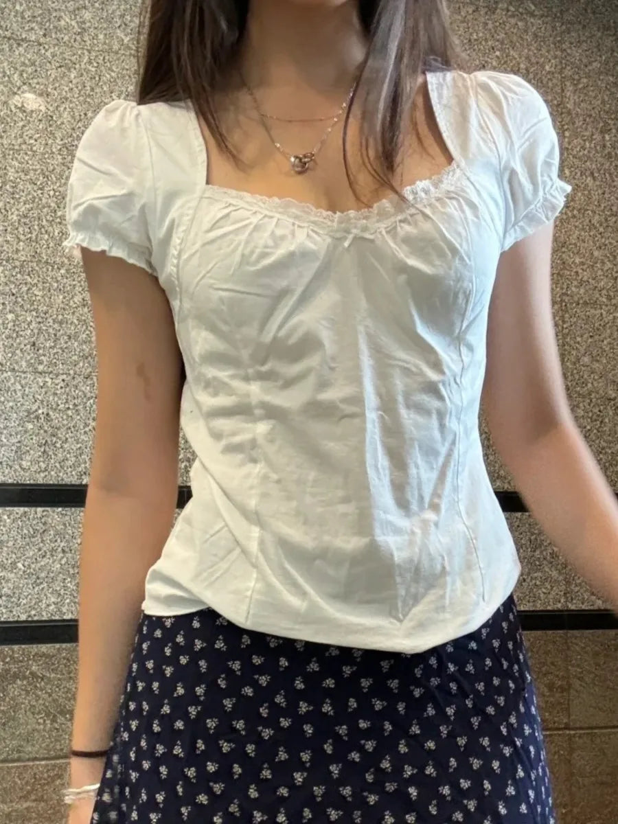 White Lace Trim Short Puff Sleeve Tees Women Summer Cotton Back Lace-up Square Collar T-shirt Blouse Sweet Cute Casual Crop Top