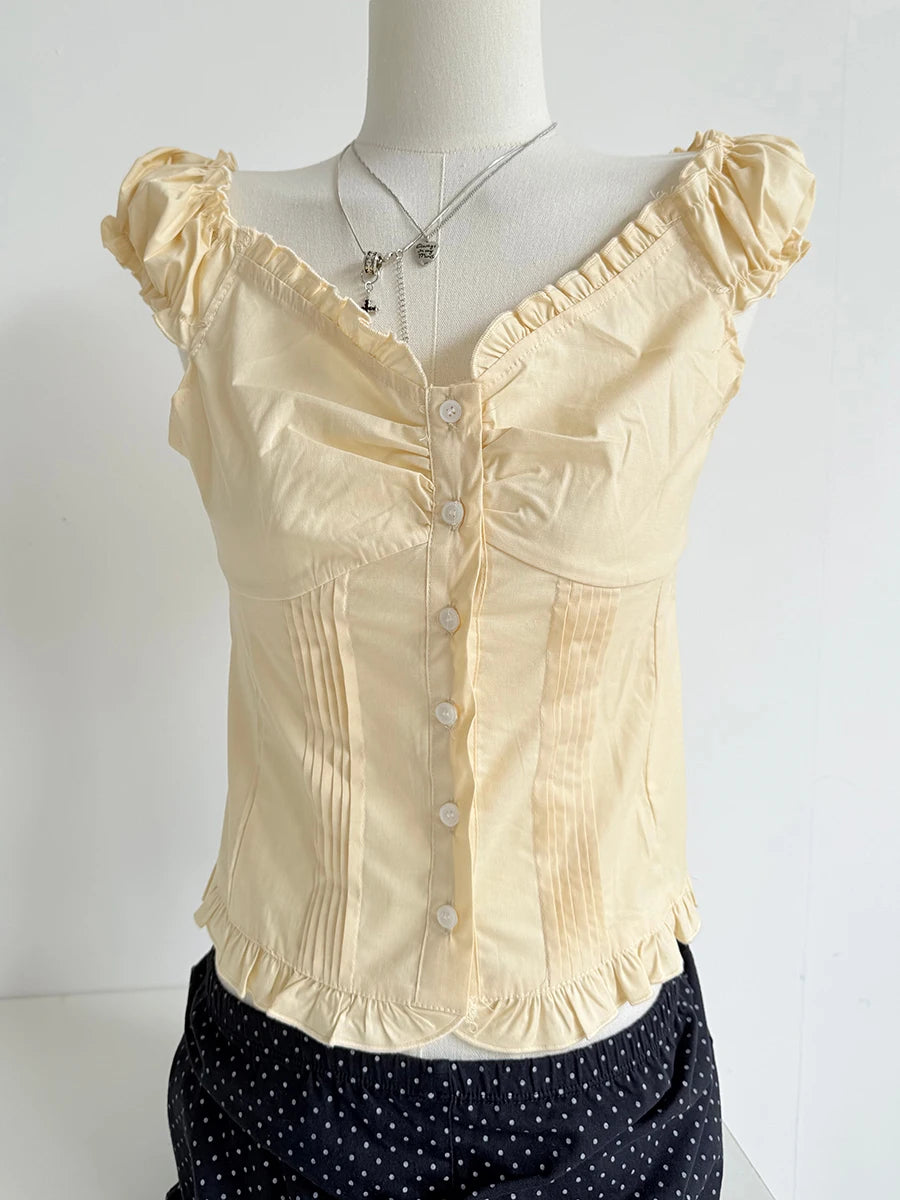 White Buttons V-neck Slim T-shirts Women Summer Lace Trim Retro Cotton Short Sleeve Tees Female Sweet Cute Street Tops Y2K