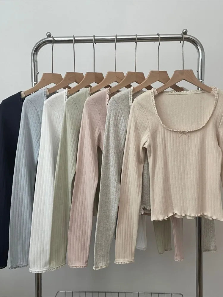 Solid Hollow Out Cotton Soft T-shirts Spring Bow Lace Trim Square Neck Long Sleeve Tee Slim Chic Sweet Vintage Cute Crop Tops