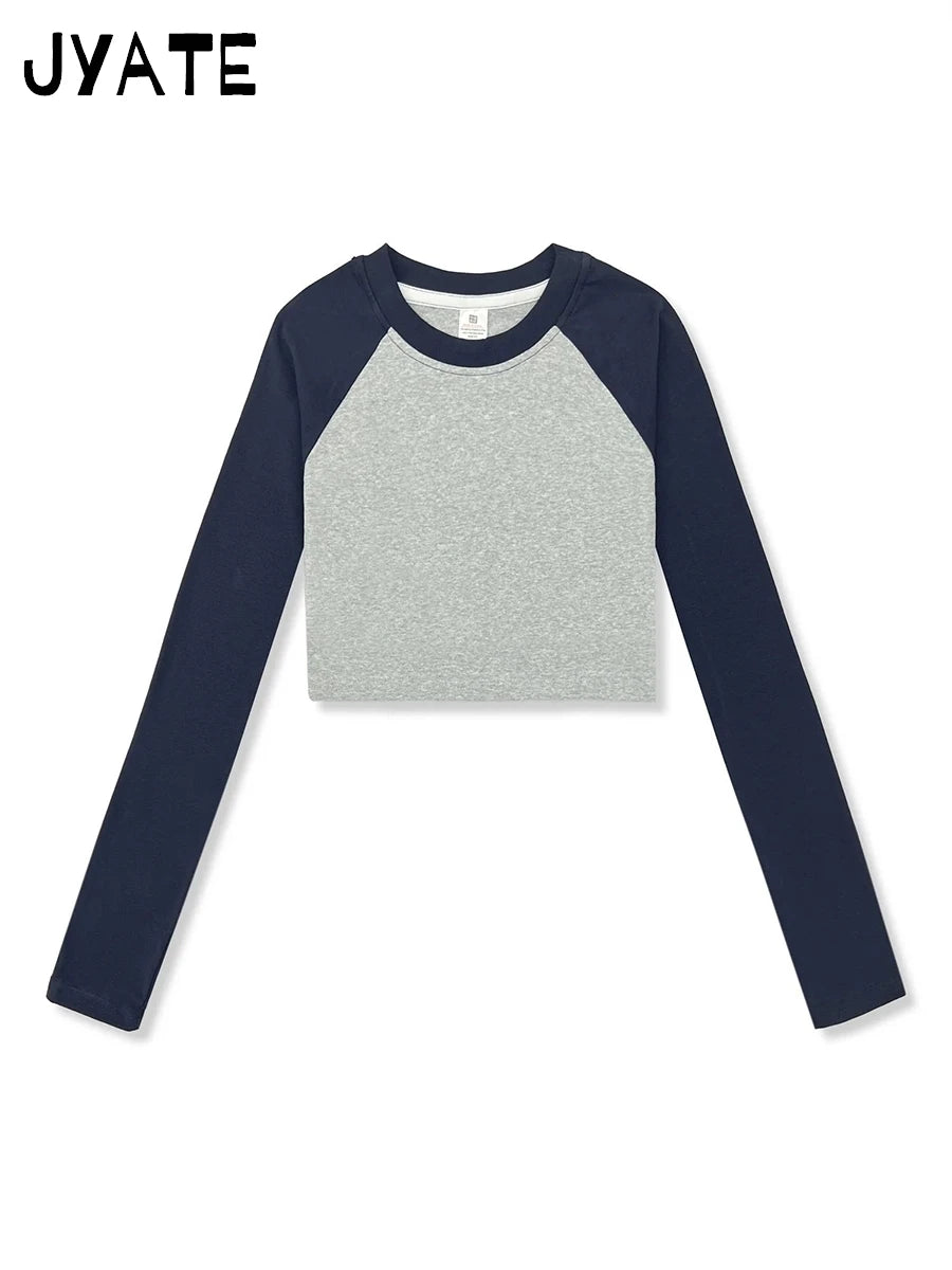 Fashion Ribbed Patchwork Long Sleeve Tees Women New Casual Streetwear Basic Pullover Crop Tops Vintage Preppy Style T-shirts Y2K
