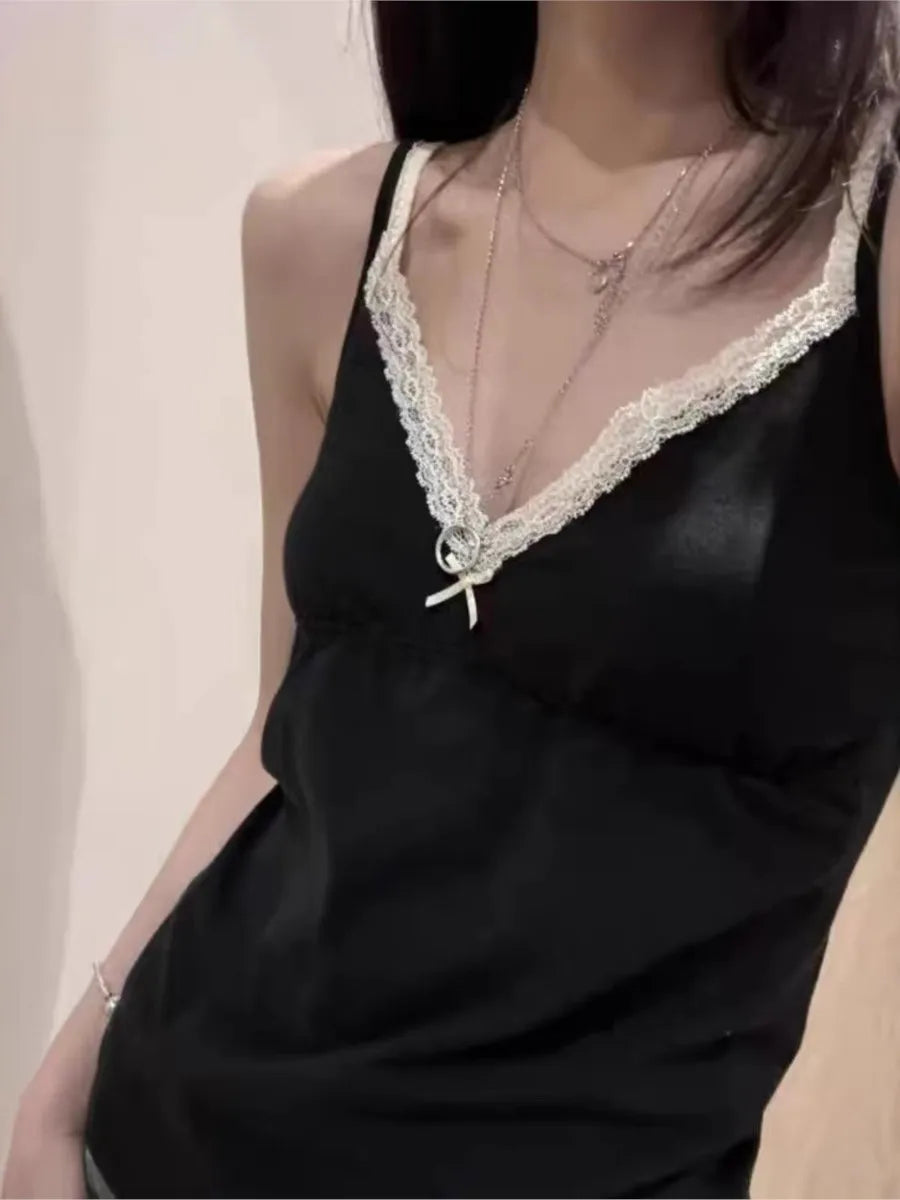 Black Harajuku Folds V-neck Bow Black Tank Tops Women Lace Trim Cotton Sleeveless Slim Cropped Camisole Vintage Sweet Crop Top